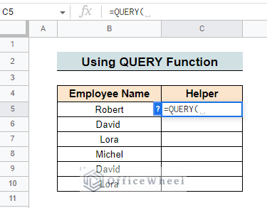 insert query formula to filter duplicates from google sheets
