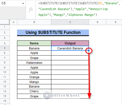 Applying SUBSTITUTE Formula to Find and Replace various values at a time in google sheets