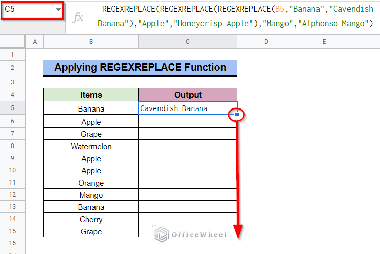 Inserting REGEXREPLACE Function to Find and Replace Different values in google sheets