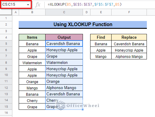 Embedding XLOOKUP Function to Find and Replace Various Texts in Google Sheets