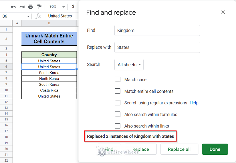 Unmark Match Entire Cell Contents To Find and Replace Multiple values in google sheets