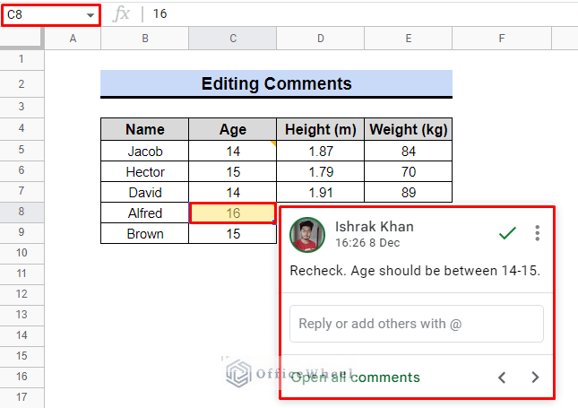 data for editing comment in google sheet
