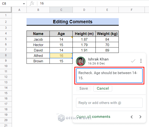 blue border box for editing comment in google sheet