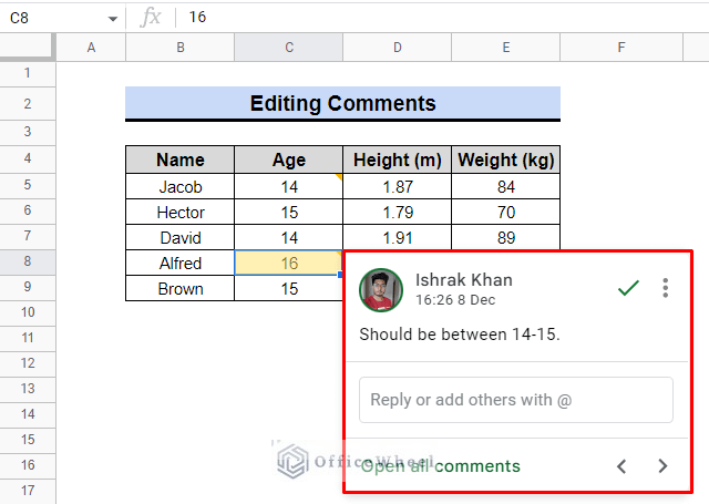 result after editing comment in google sheets