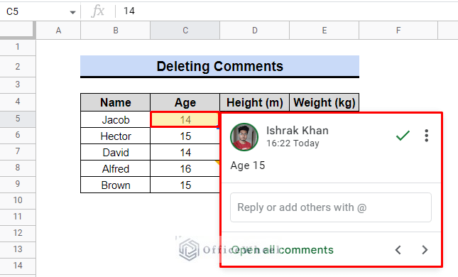 how to select comment in spreadsheet