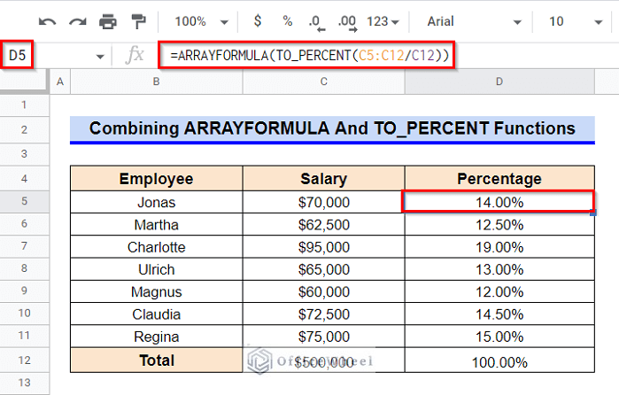 Combining ARRAYFORMULA nd TO_PERCENT Function for Calculating Grand Total Percentage in Google Sheets
