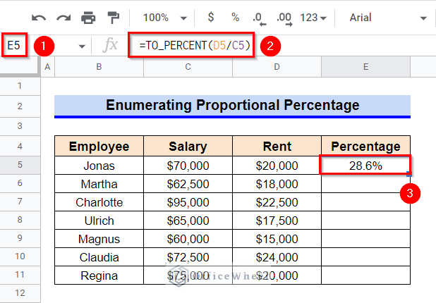 Apply TO_PERCENT function for Enumerating Proportional Percentage in Google Sheets