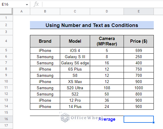 dataset for using number and text as condition in google sheets average if