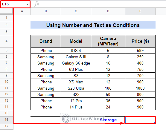how to select cell while using averageifs in case of number and text value