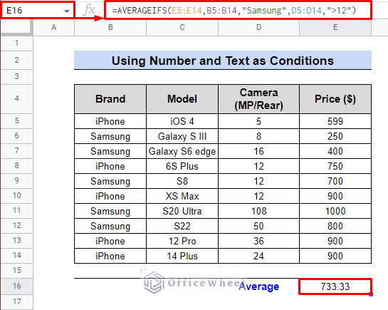 final output for google sheets average if using number and text as condition