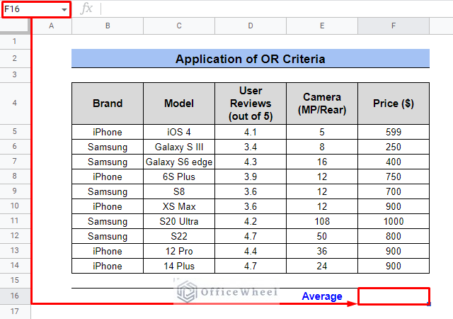 how to select cell while using averageifs with or criteria