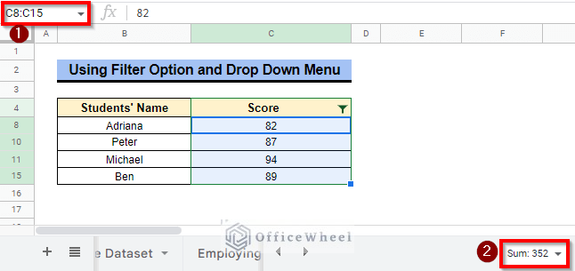 Using Filter Option and Drop Down Menu to countif between two numbers in google sheets