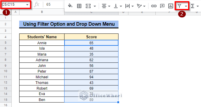 Using Filter Option and Drop Down Menu to countif between two numbers in google sheets