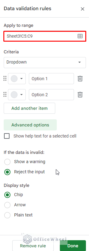 Select range for data validation