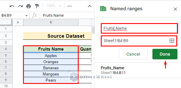 name range for dropdown list in google sheets from anothe rsheet