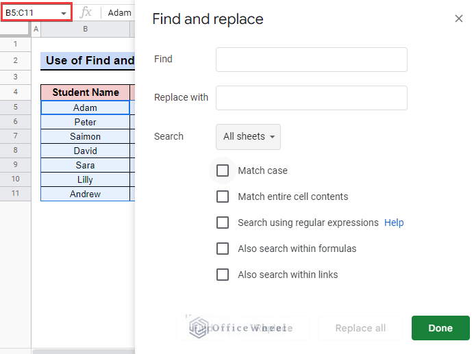 Using Find and Replace tool to return exact match in google sheets