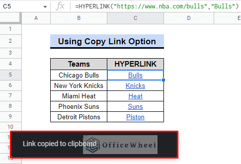 link copied notification in google sheets
