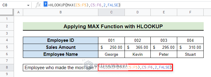 final formula to use max function with hlookup in google sheets