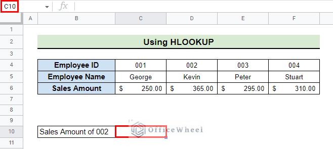 select cell to use hlookup function in google sheets