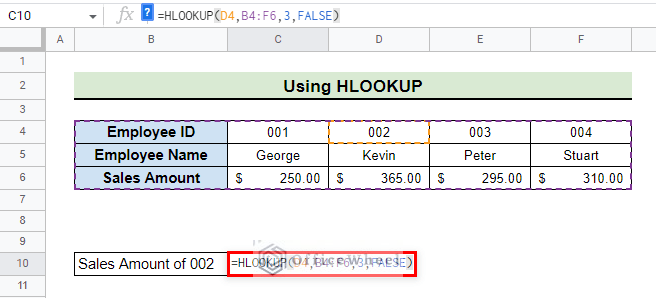 final formula to use hlookup in google sheets