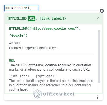 Syntax of google sheets hyperlink function
