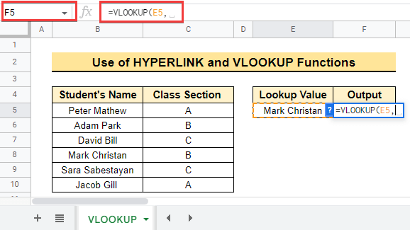 Creating Hyperlink to VLOOKUP Cell in Same Sheet in google sheets