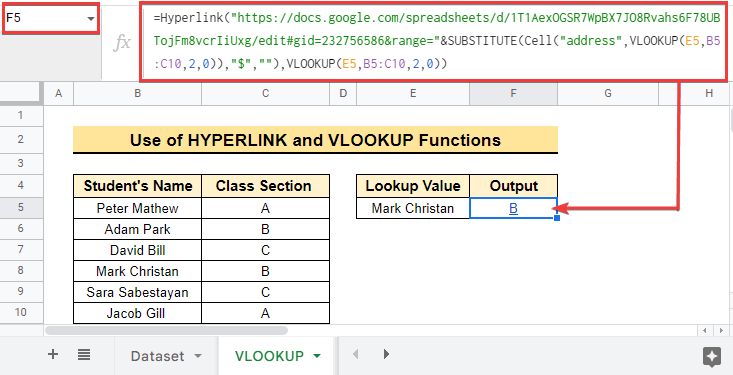 Creating Hyperlink to VLOOKUP Cell in Same Sheet in google sheets