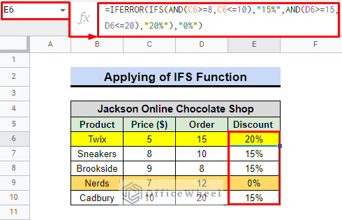application of ifs function to create condition between two numbers in google sheets