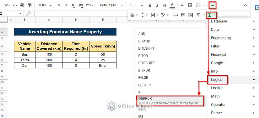 Insert Function Name from Functions Menu When IFERROR Function Is Not Working in Google Sheets