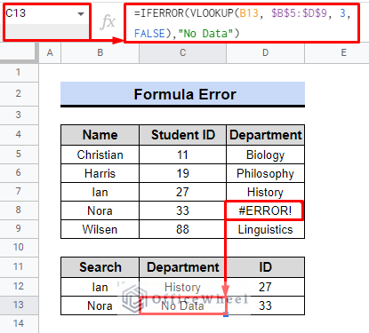use of iferror in case of formula error