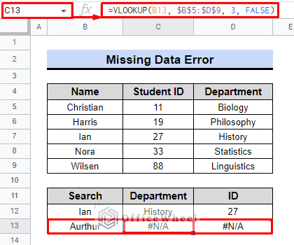missing data error in google sheets vlookup