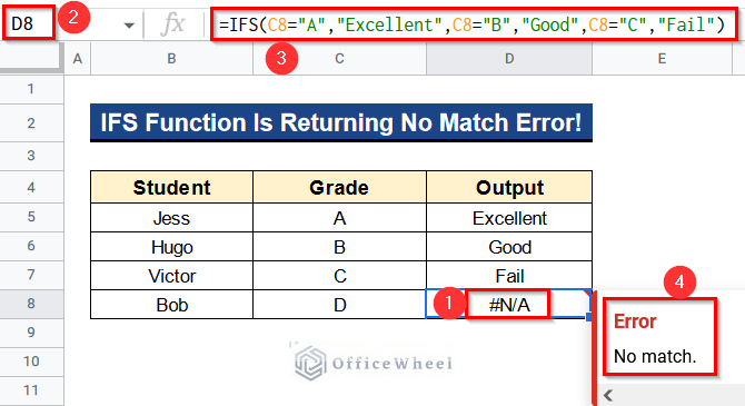 IFS Function Is Returning No Match Error in Google Sheets