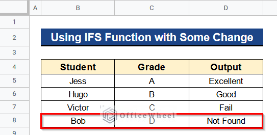 Using IFS Function with Some Change When It Is Returning No Match Error in Google Sheets