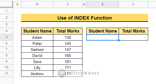 Using Basic INDEX Function in google sheets