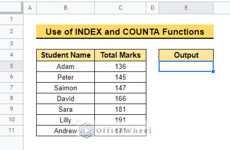 Applying INDEX and COUNTA Functions in google sheets