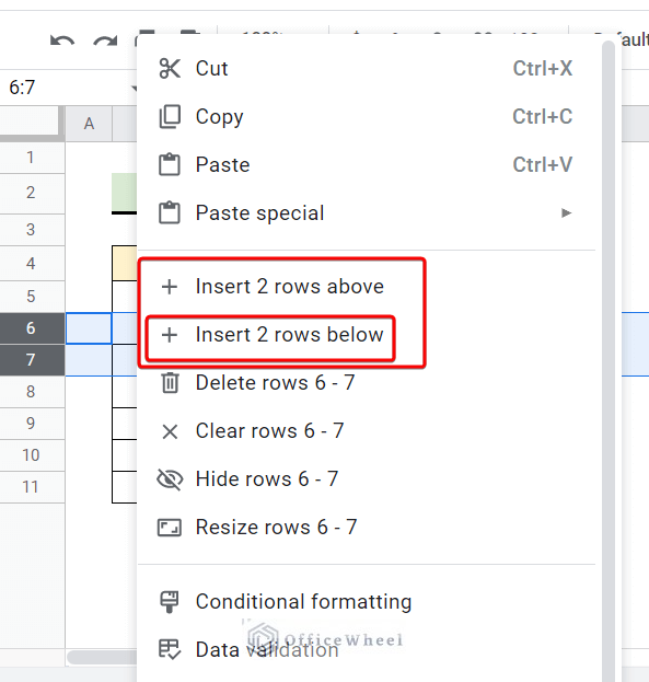 Utilizing Context Menu to insert rows in google sheets