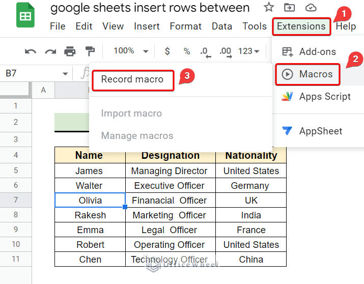 using macro feature to insert row in google sheets