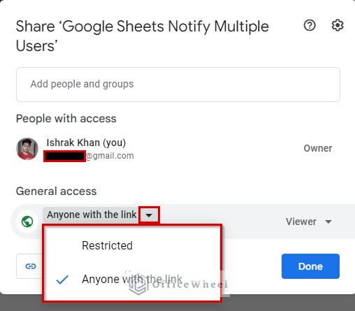 general access panel for notify users in google sheets