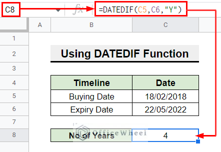 Using DATEDIF function number of years between two dates in google sheets