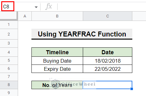 Utilizing YEARFRAC function number of years between two dates in google sheets 
