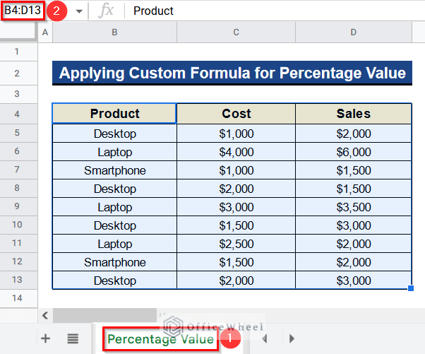 Applying Custom Formula for Percentage Value to Find Difference Between Two Columns in Calculated Field of Google Sheets Pivot Table