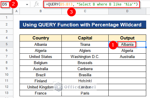 Using QUERY Function with Percentage Wildcard in Google Sheets