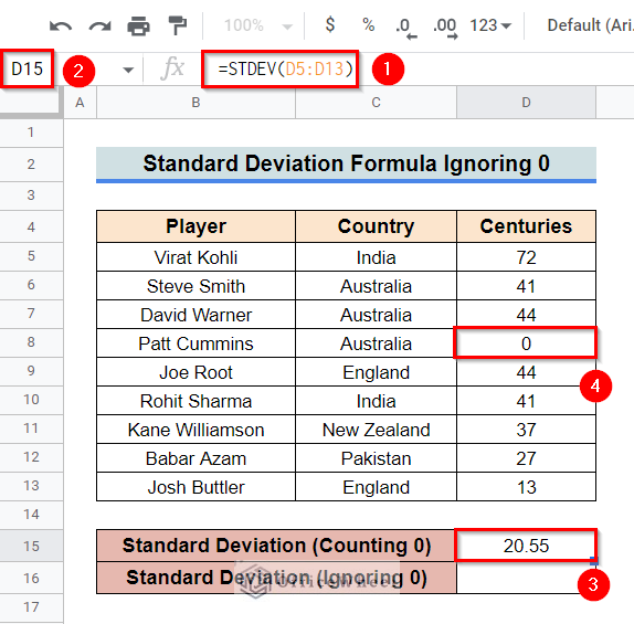 google sheets standard deviation formula ignore 0