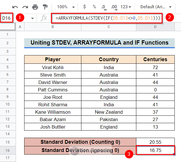 Uniting STDEV, ARRAYFORMULA and IF Functions to Ignore 0 While Using Standard Deviation Formula in Google Sheets