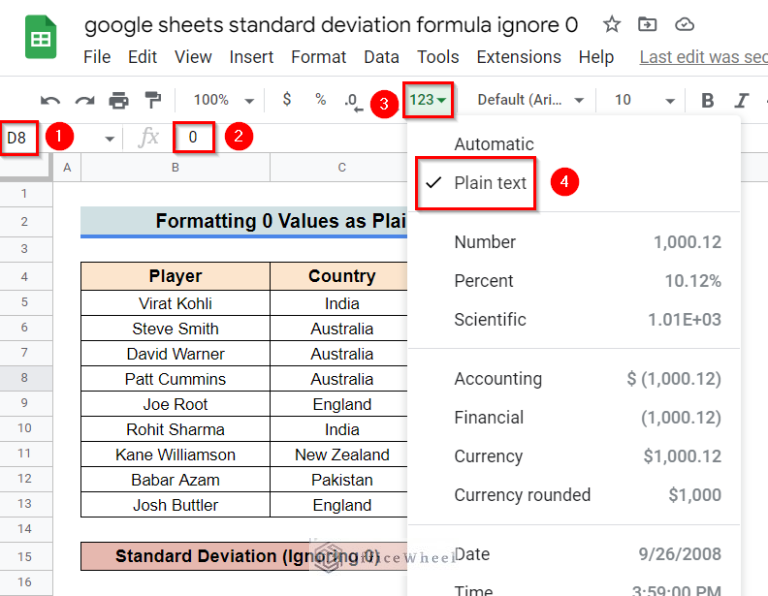 How to Ignore 0 for Standard Deviation Formula in Google Sheets