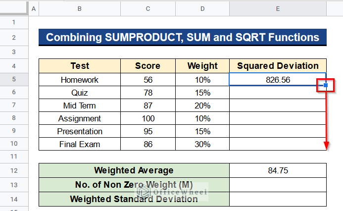 Combining SUMPRODUCT, SUM and SQRT Functions to Calculate Standard Deviation of Weighted Variables in Google Sheets