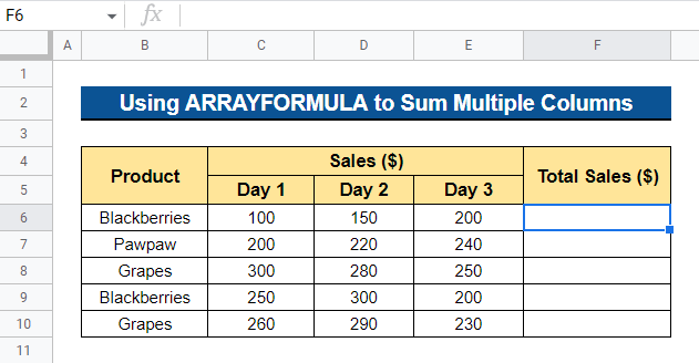 Using ARRAYFORMULA Function to Sum Multiple Columns in Google Sheets