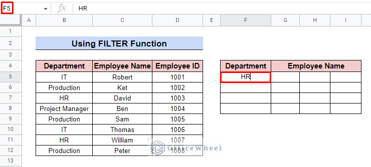 insert search key to filter in google sheets