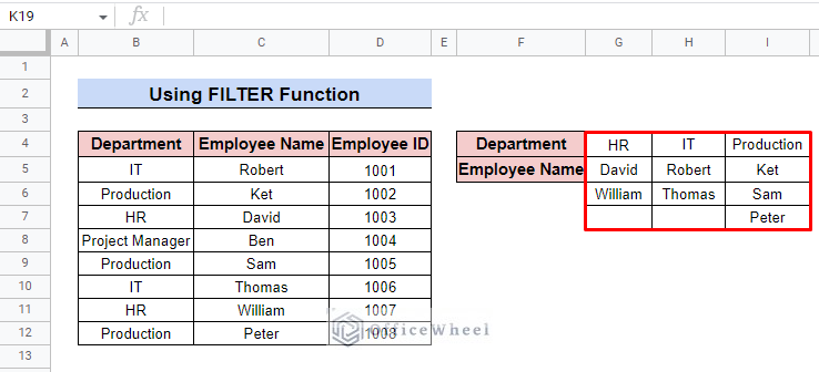 insert filter formula vertically in google sheets