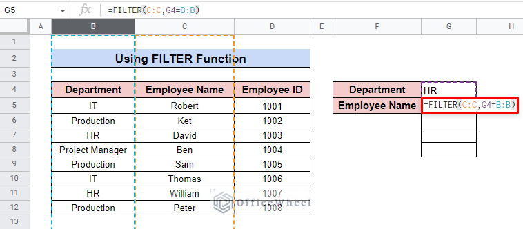 insert filter formula in google sheets
